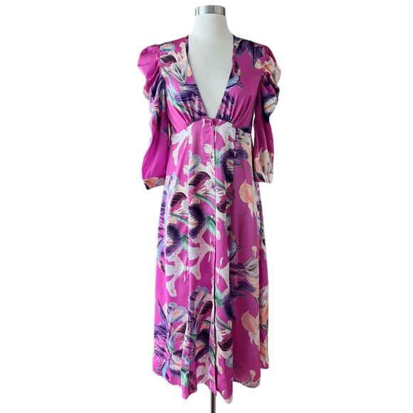 PATBO Grace Floral Dress Satin Puff Sleeve Midi Button Down Influencer US 6 - Picture 13 of 14